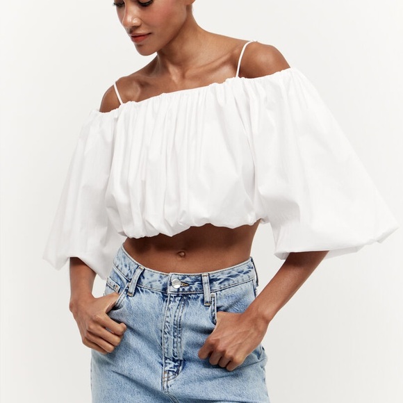 ZARA OFF THE SHOULDER TOP WITH BALLOON SLEEVES IN WHITE SZ M - Picture 4 of 12